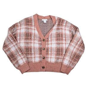 Cupcakes and‎ Cashmere Plaid Cardigan Sweater Pink White Brown Women's Size S